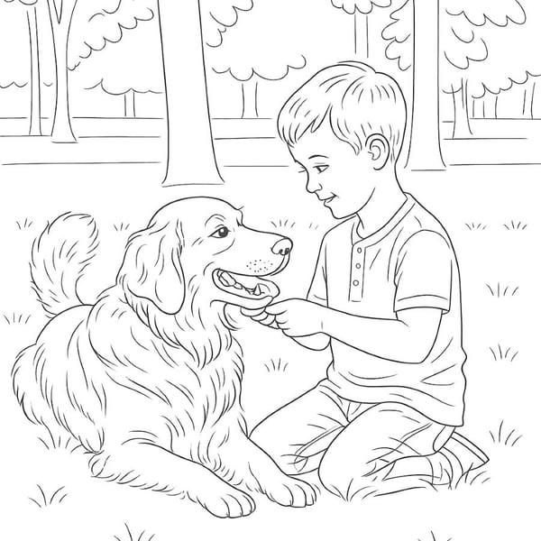 Generated coloring page of child playing with dog
