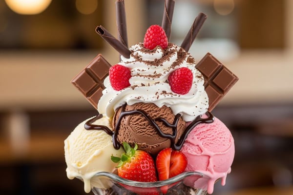Ice Cream with Chocolates and Fruits photo