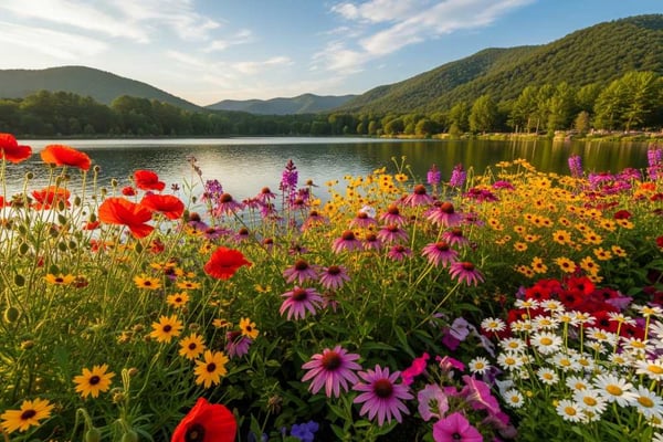 Garden Flowers Surrounding The Nearby Lake photo