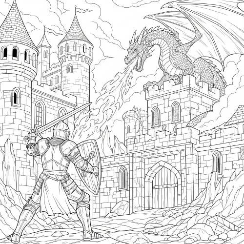 A brave knight fighting a dragon in a medieval castle