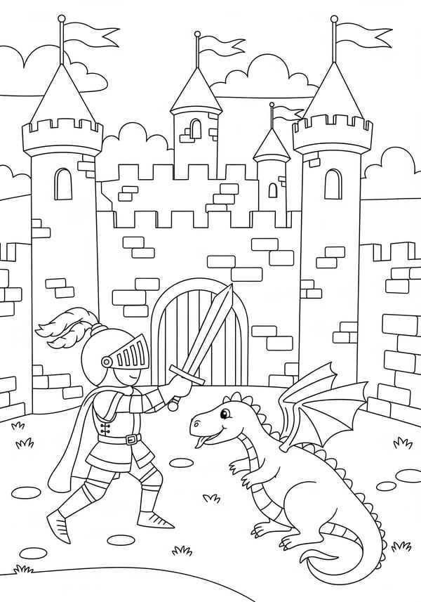 Brave knight fighting dragon coloring page - AI generated from text prompt
