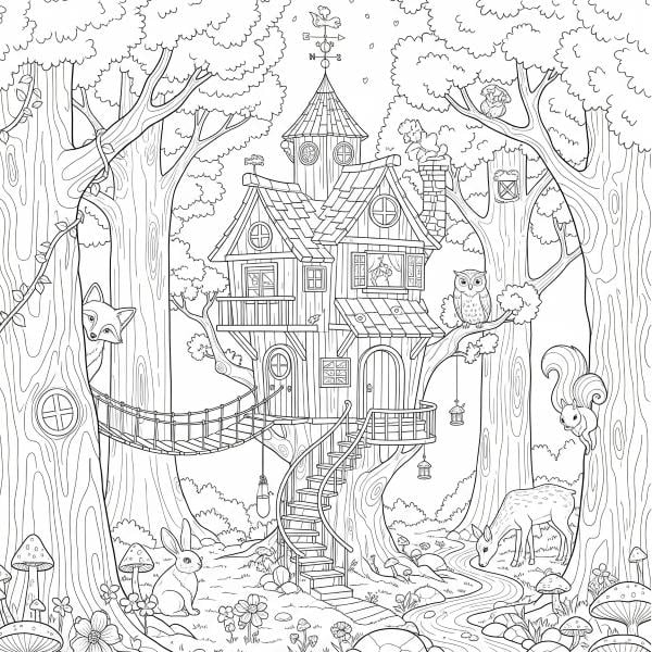 A cozy treehouse in an enchanted forest with woodland animals