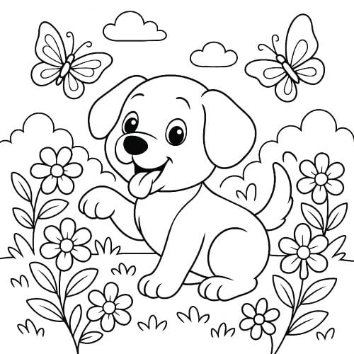 A cute puppy playing in a flower garden with butterflies