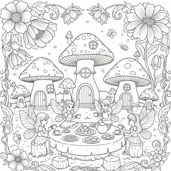 A fairy tea party with mushroom houses and flowers