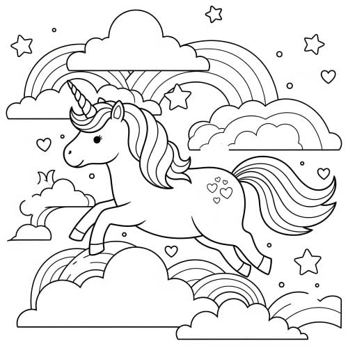 A magical unicorn flying through rainbow clouds
