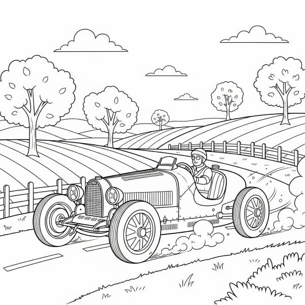 A vintage car racing through the countryside