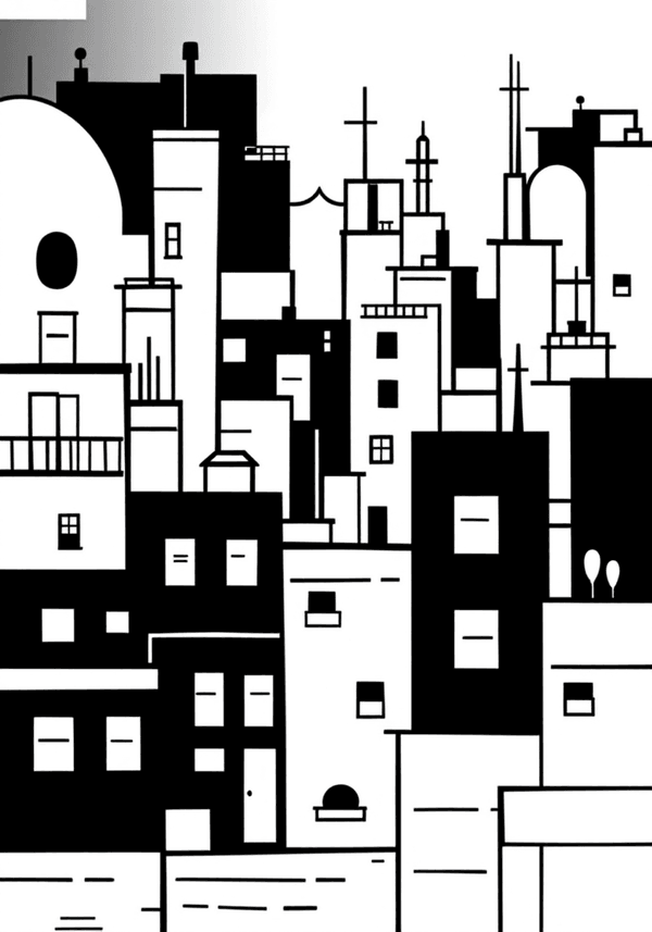 Cubist cityscape silhouette abstract coloring page