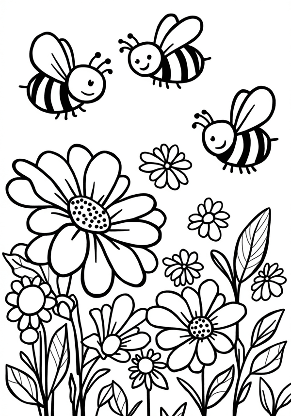 Bees buzzing around colorful flowers coloring page