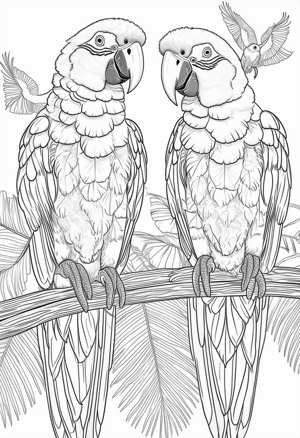 Bright parrots in a tropical paradise coloring page