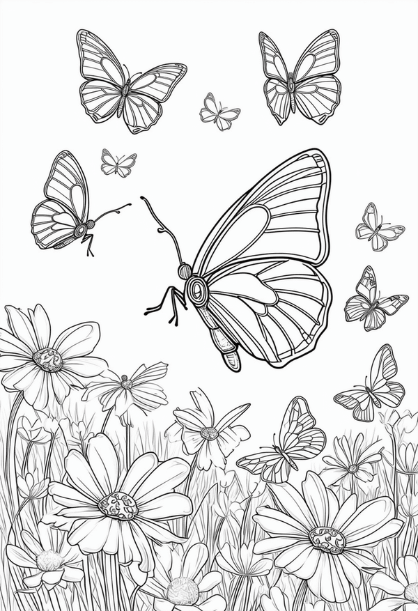 Butterflies dancing in the garden coloring page