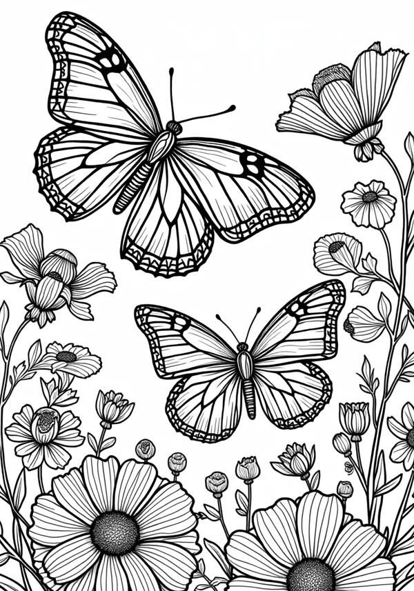 Butterflies resting on wildflowers coloring page