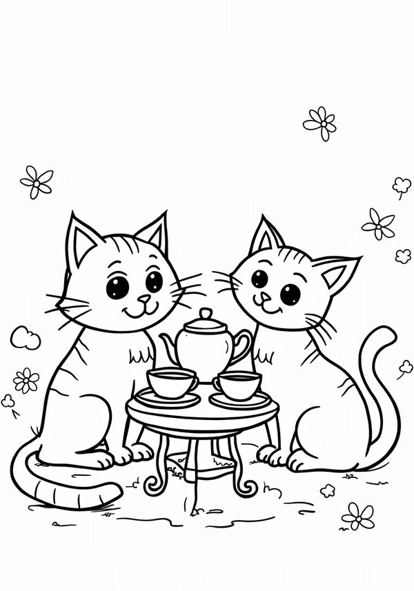 Cats having a tea party coloring page