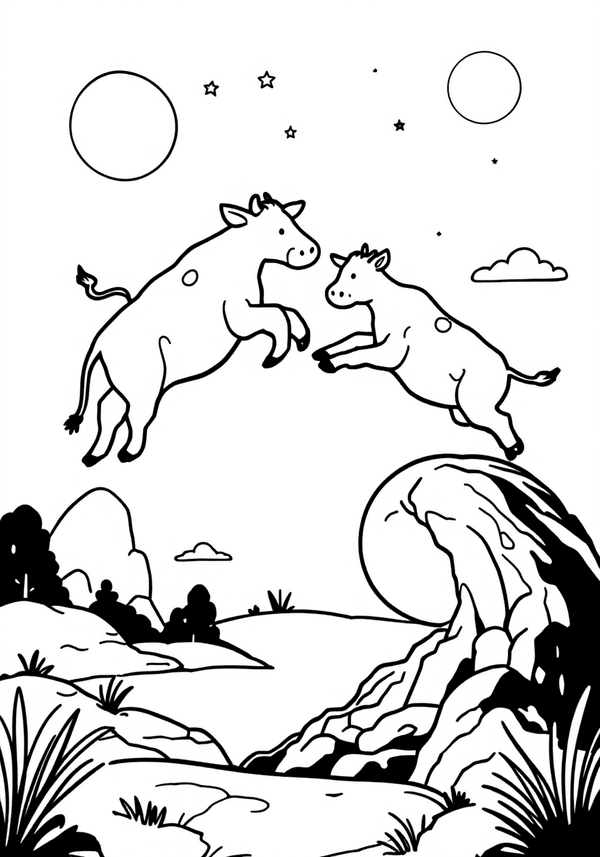 Cows jumping over the moon coloring page