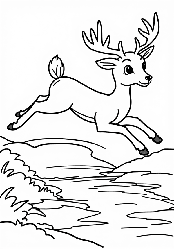 Deer leaping over a stream coloring page