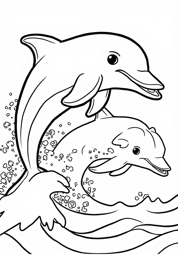 Dolphins jumping over ocean waves coloring page