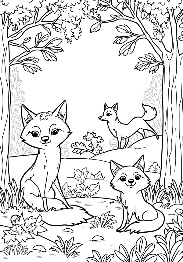 Foxes playing in an autumn forest coloring page