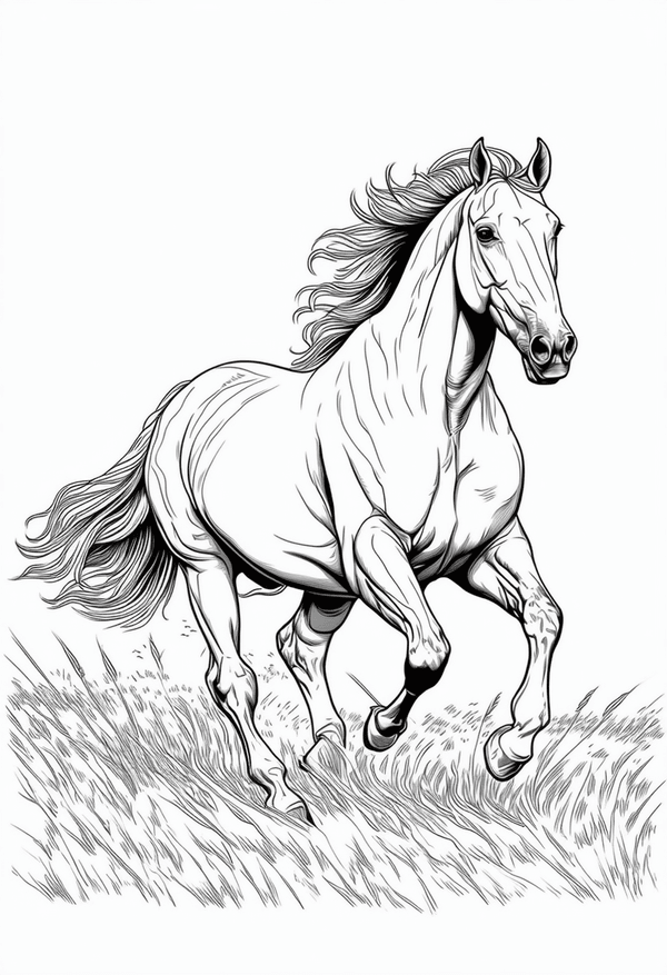 Horses galloping in open fields coloring page