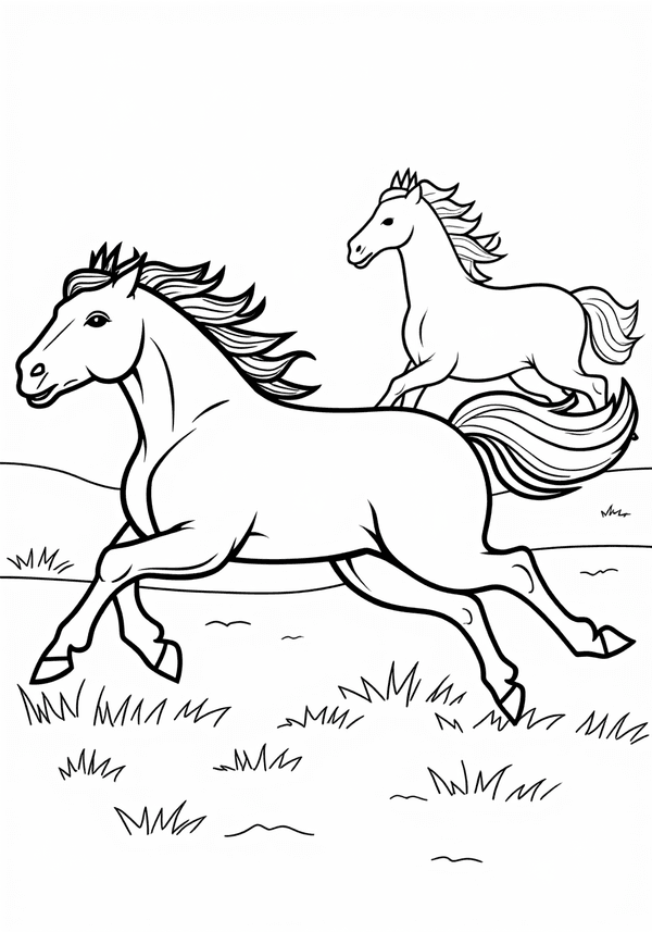 Horses running across a meadow coloring page