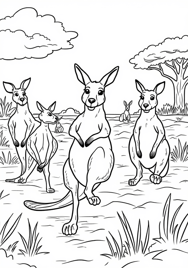 Kangaroos hopping across the outback coloring page