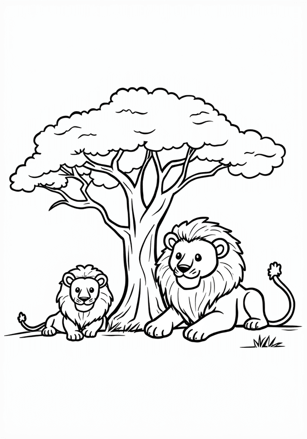 Lions resting under an acacia tree coloring page