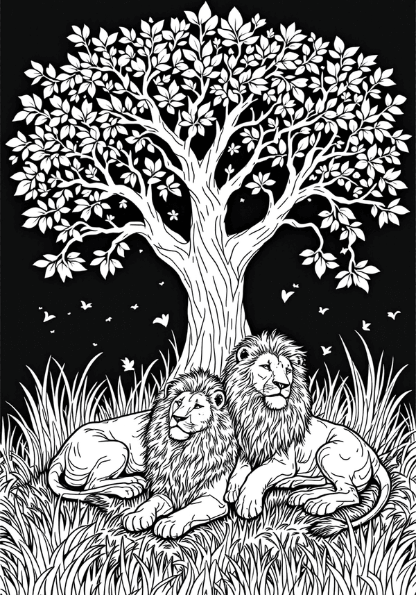 Lions resting under the savannah tree coloring page