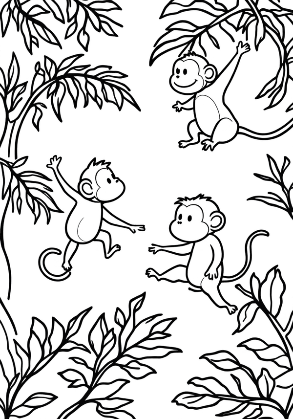 Monkeys leaping through jungle vines coloring page