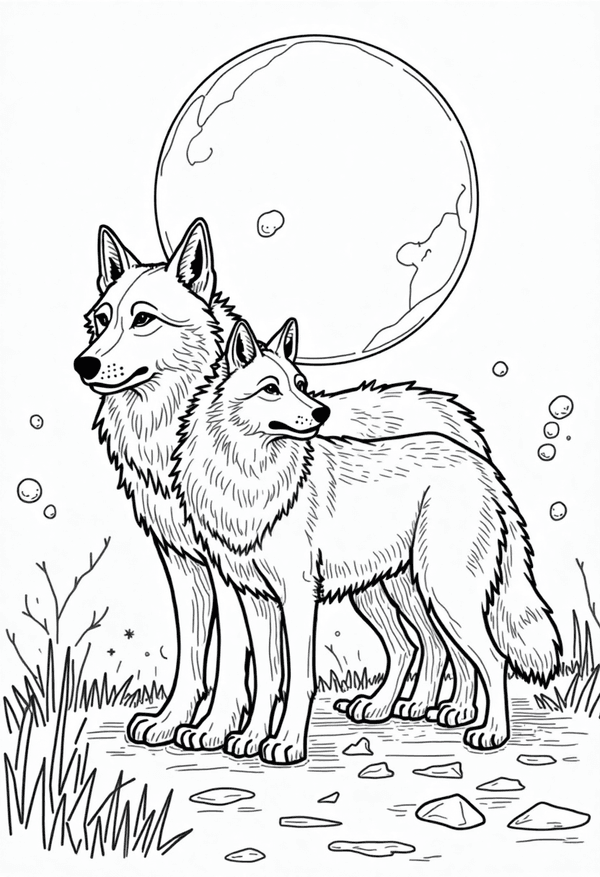 Mystical wolves under a full moon coloring page