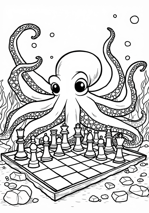 Octopus playing chess underwater coloring page