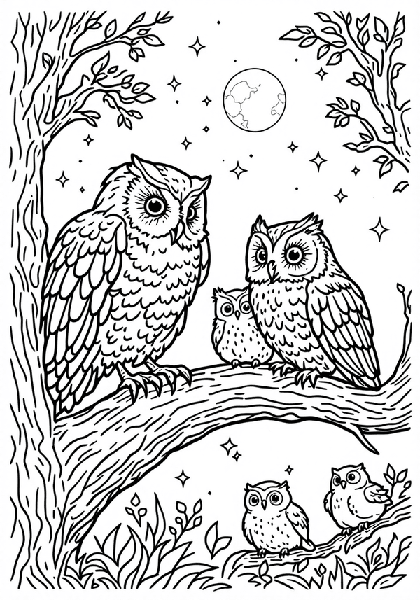 Owls perched on a moonlit branch coloring page