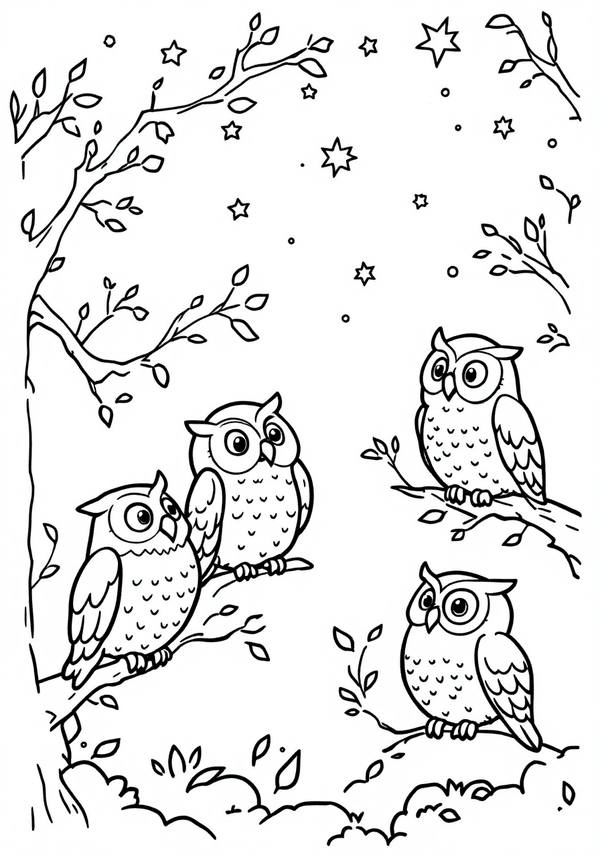 Owls watching the night sky coloring page