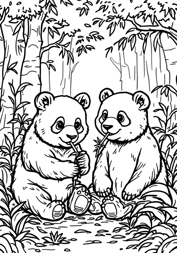 Pandas eating bamboo in the forest coloring page