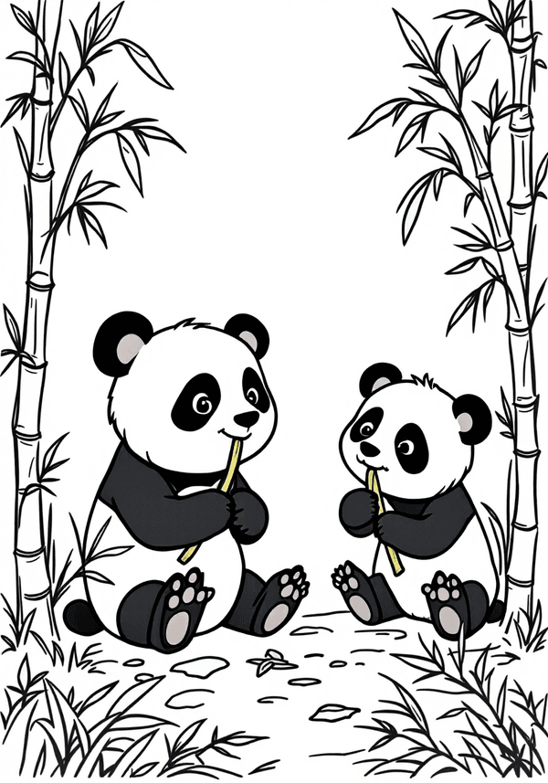 Pandas munching on bamboo coloring page