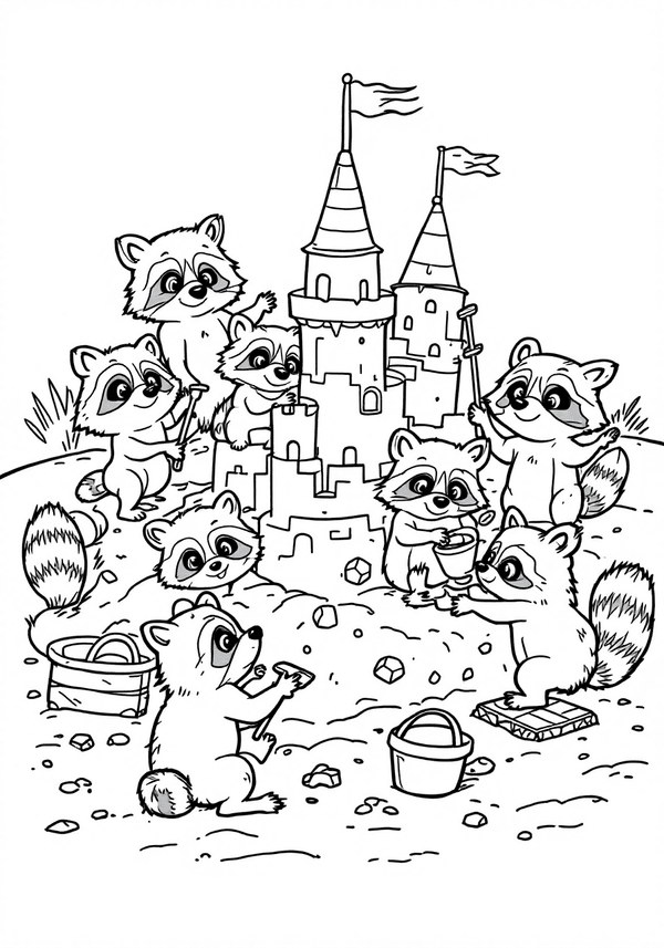 Raccoons building a sandcastle coloring page