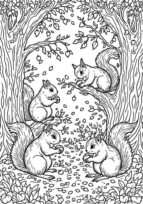 Squirrels gathering acorns coloring page