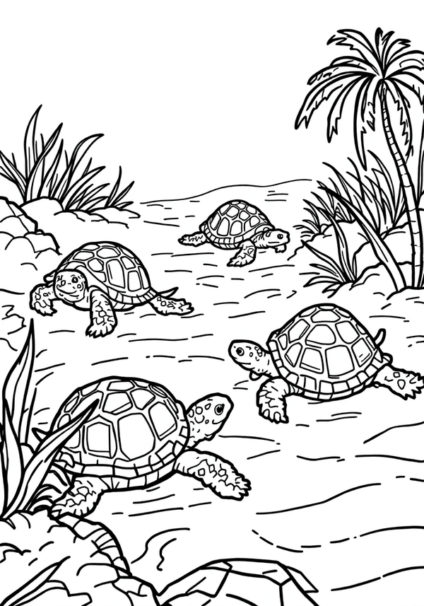 Turtles crawling on a sandy beach coloring page