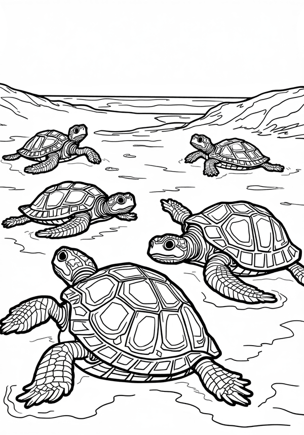 Turtles crawling on a sandy beach coloring page