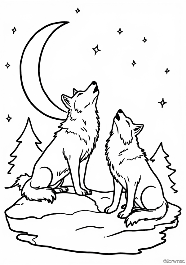 Wolves howling at the crescent moon coloring page