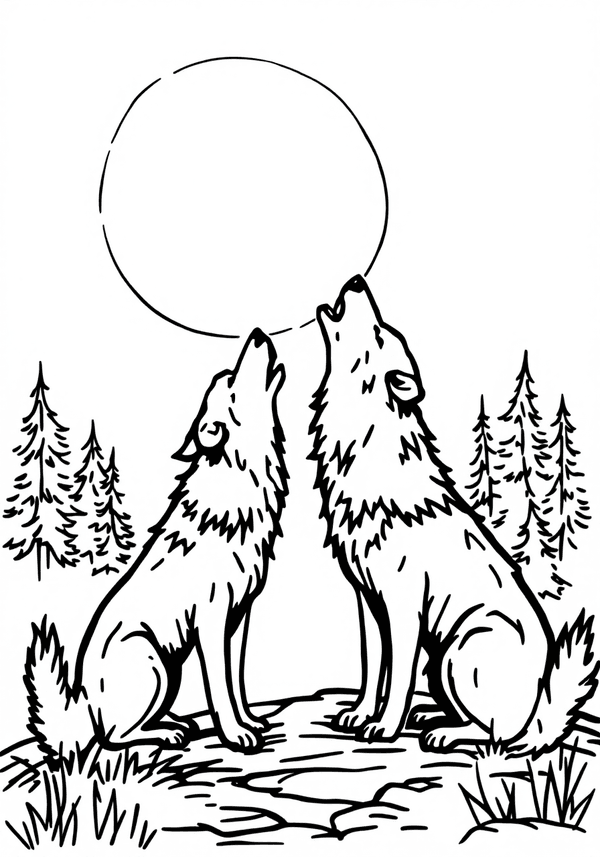 Wolves howling at the full moon coloring page