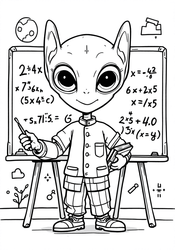 Alien mascot teaching anime class math coloring page