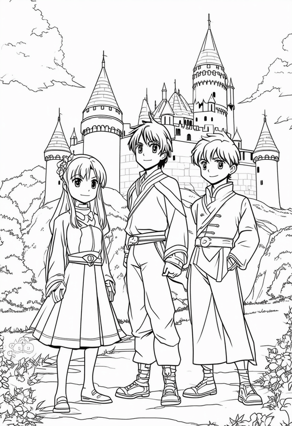 Anime characters outside a castle coloring page