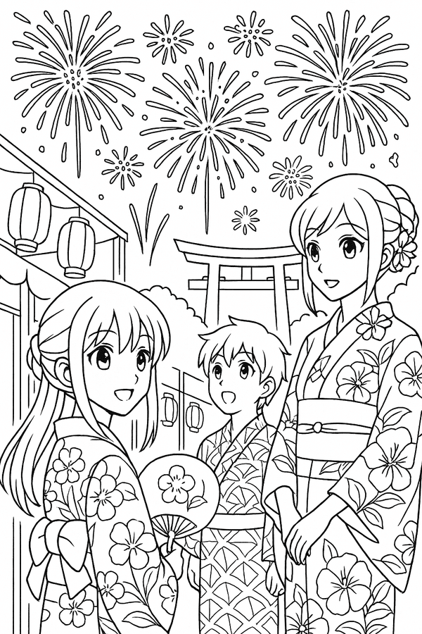 Anime festival night fireworks coloring page