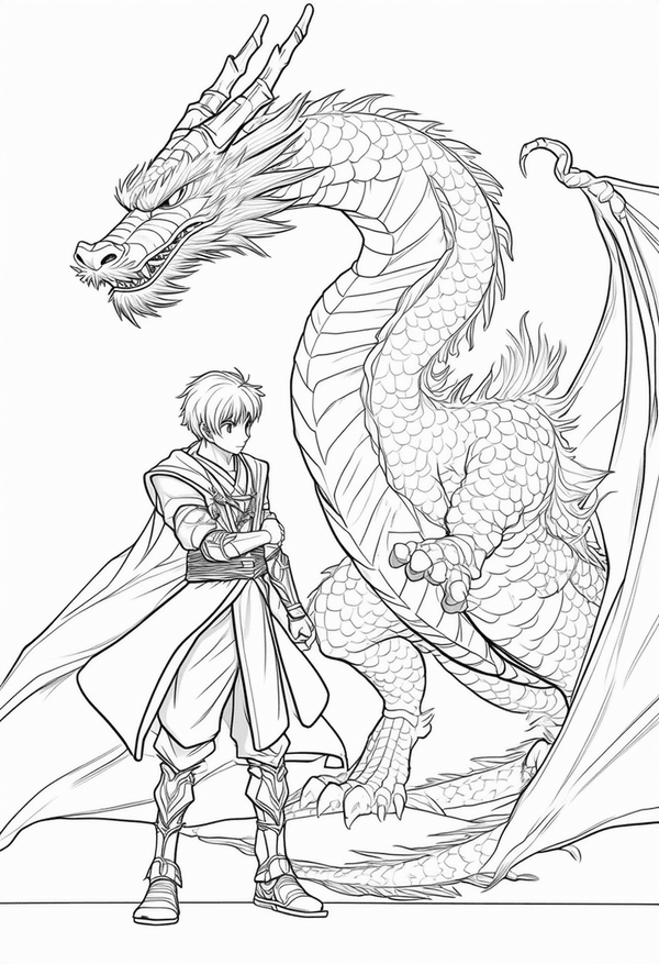 Anime hero meets mystic dragon coloring page