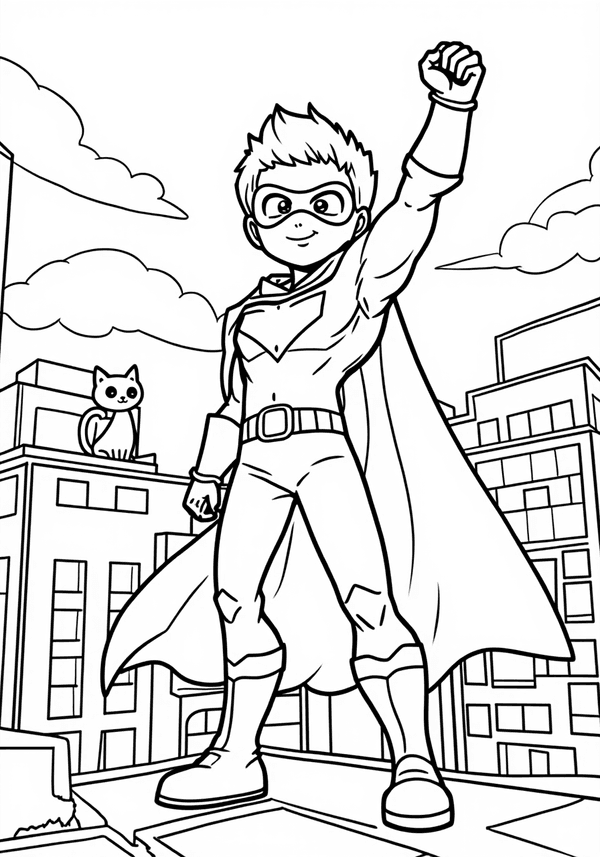 Anime hero saving a cat in the city coloring page