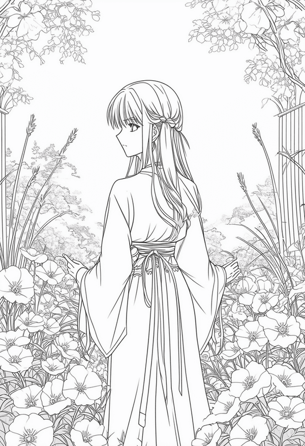 Anime serenity in a hidden garden coloring page