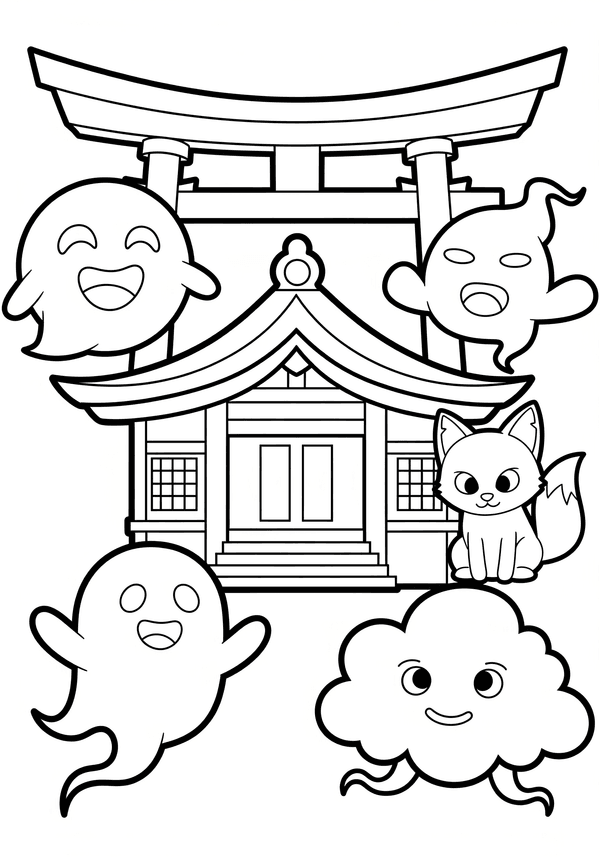 Anime spirits in a sacred shrine coloring page