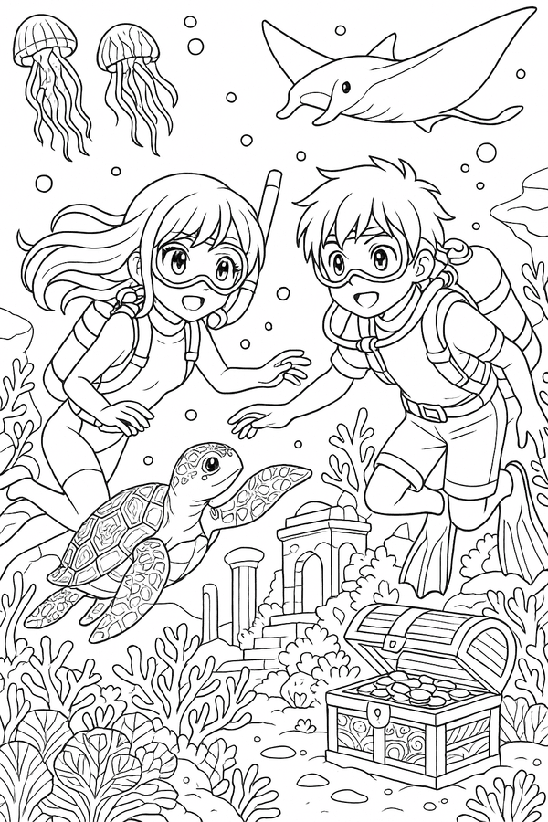 Anime underwater adventures coloring page