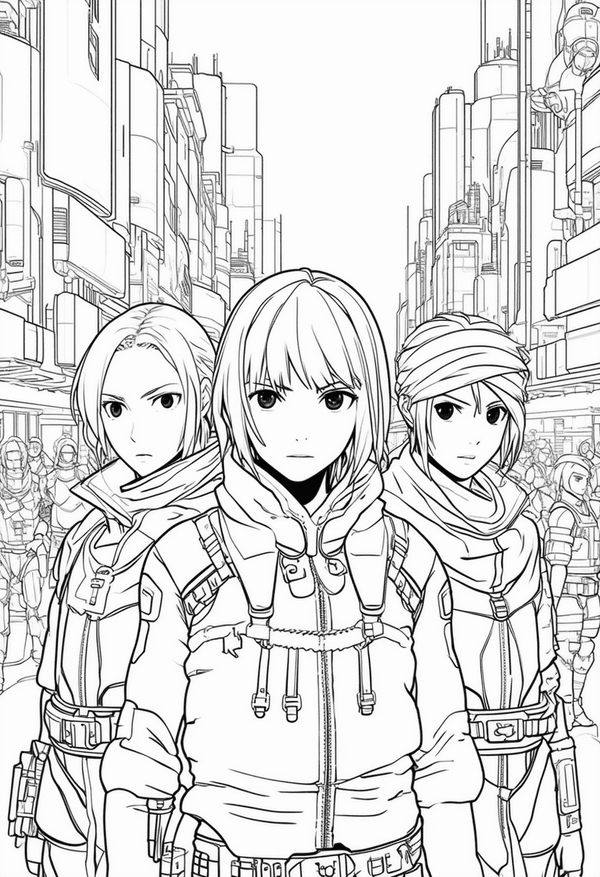 Anime warriors in a neon city coloring page