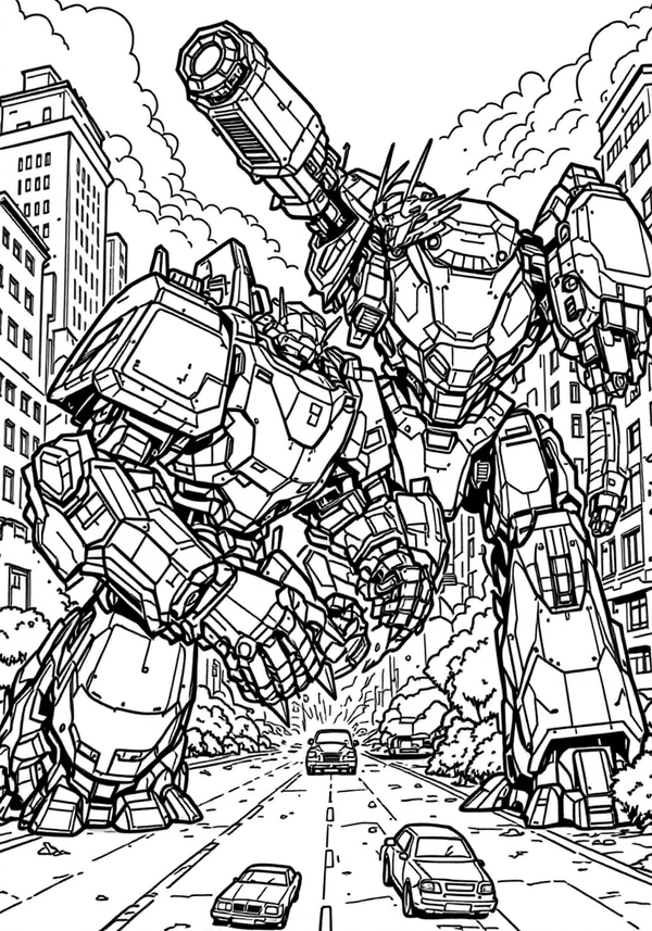 Battle between mechs in the cityscape coloring page