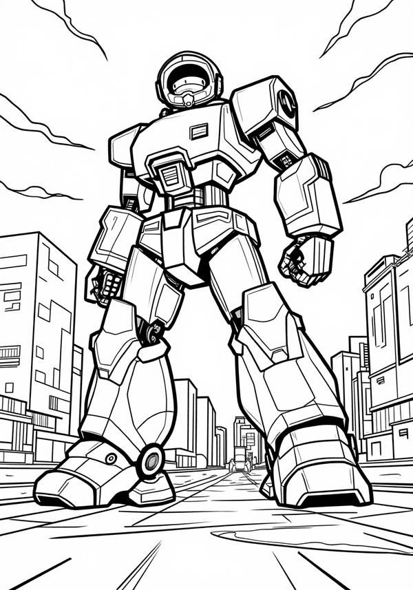 Brave mecha pilot in futuristic city coloring page