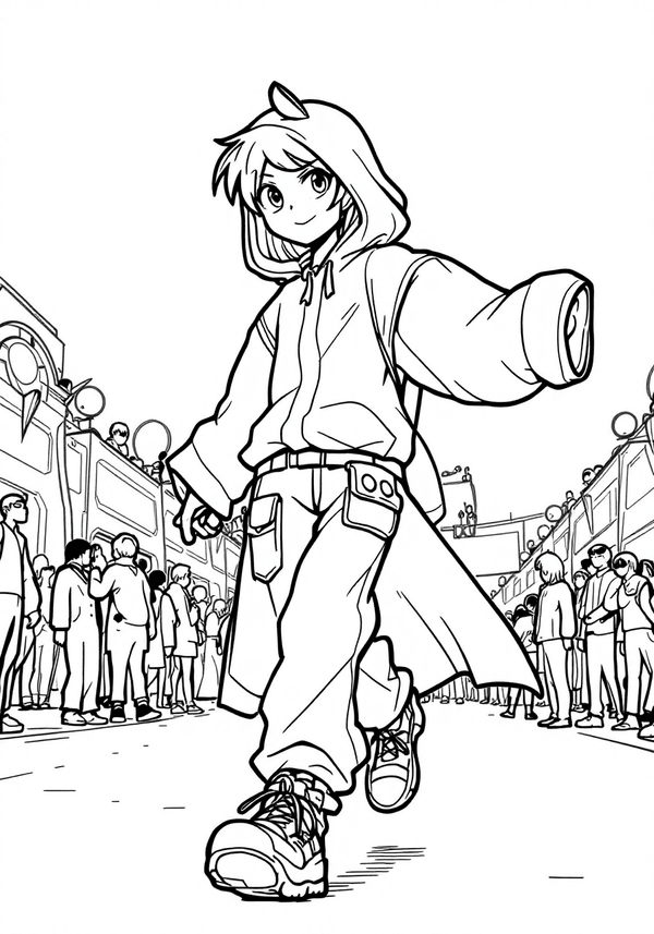 Cosplayer catwalking at anime convention coloring page